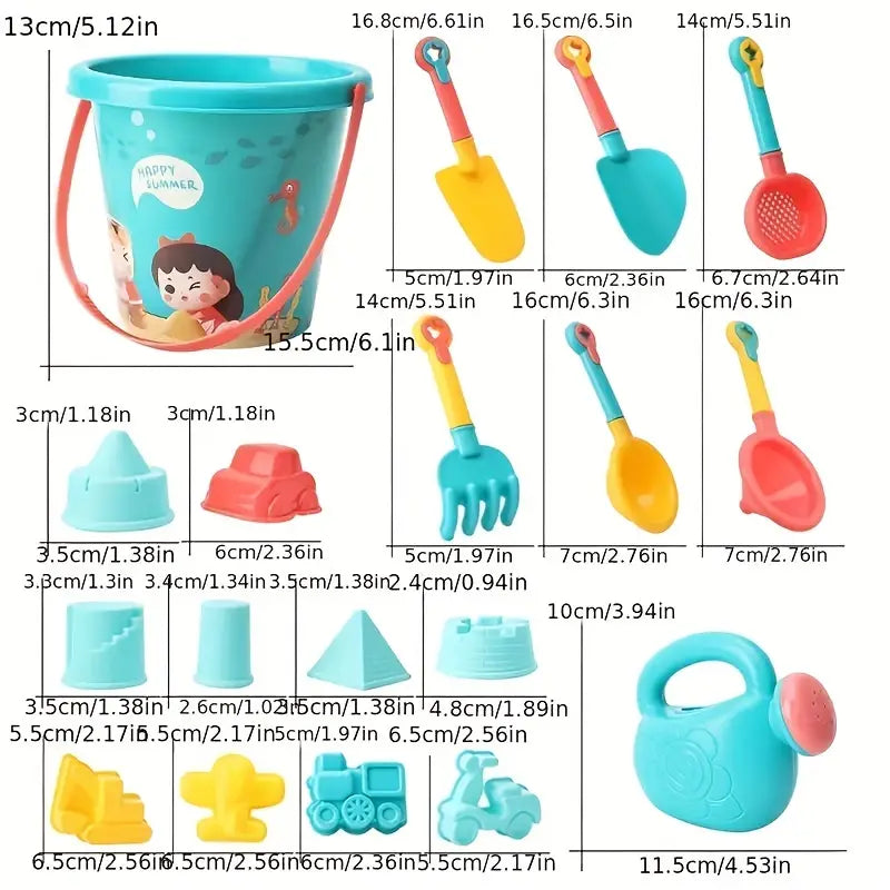 Set de plage 18 pièces avec seau, pelle, râteau et arrosoir – Jouets d’eau et sable pour enfants