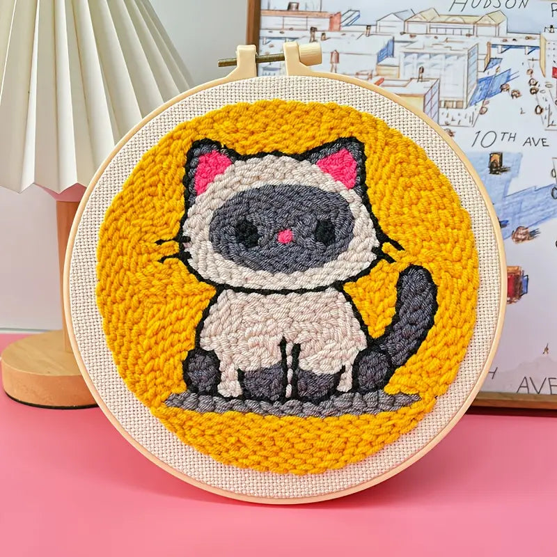 Broderie Punch Needle Chat Gris – Kit DIY en Laine pour Déco Murale Moderne