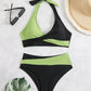 Ensemble de Plage Femme – Maillot de Bain Contrasté Noir et Vert avec Top Croisé et Bas Haute Taille