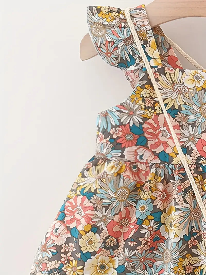 Robe bébé fille fleurie – Cadeau naissance été sans manches avec bretelles croisées