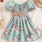 Robe fille été à fleurs vert menthe – Manches bouffantes et ceinture tressée