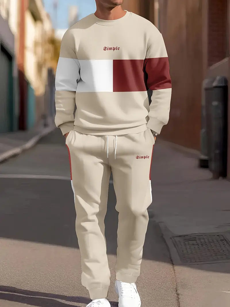 Ensemble de sport homme – Sweat et pantalon jogging – Design color block bleu, beige et blanc
