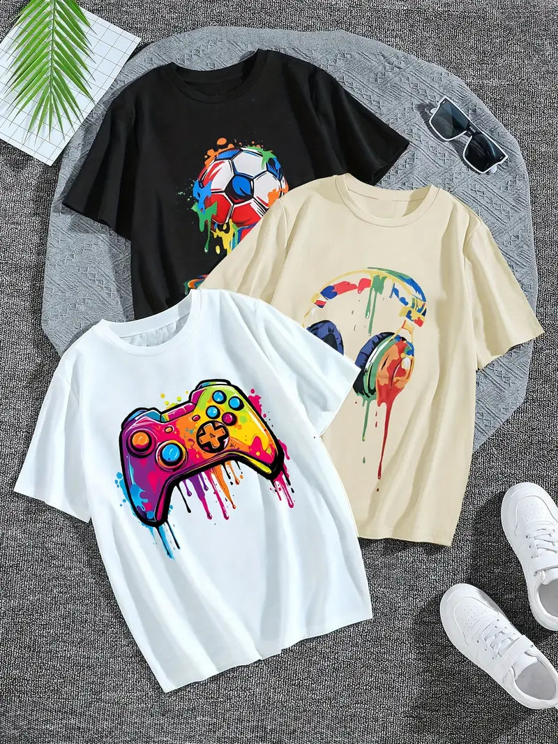 T-shirt Garçon Gamer Blanc – Haut Enfant avec Motif Manette Colorée Street Art