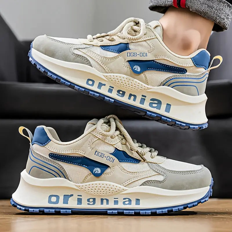 Baskets garçon – Chaussures de sport beige et bleu avec semelle épaisse et design original tendance