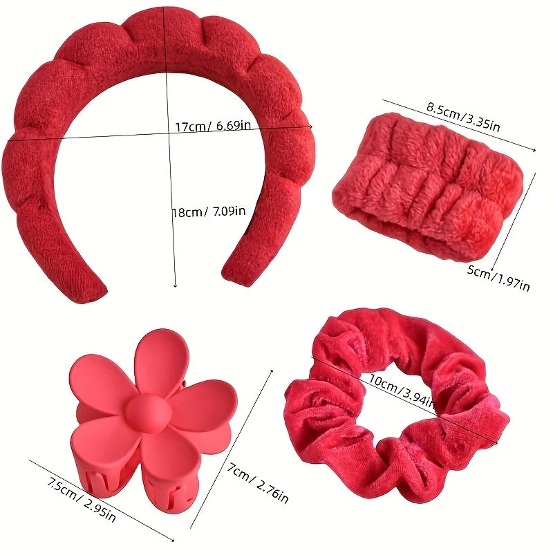 Kit Accessoires Beauté Cheveux et Visage – Bandeau Maquillage, Chouchous, Poignets Anti-Gouttes & Pince Fleur