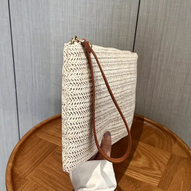 Pochette en paille tressée femme – Sac de soirée bohème chic avec dragonne