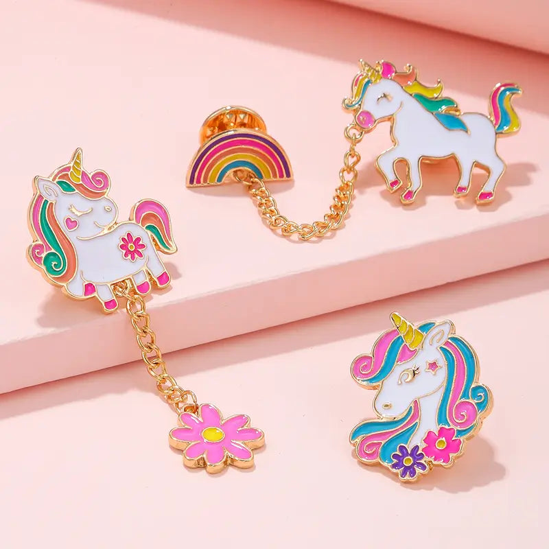 Broches Enfant Licorne et Arc-en-Ciel – Boutons Fantaisie Colorés avec Chaîne et Fleurs