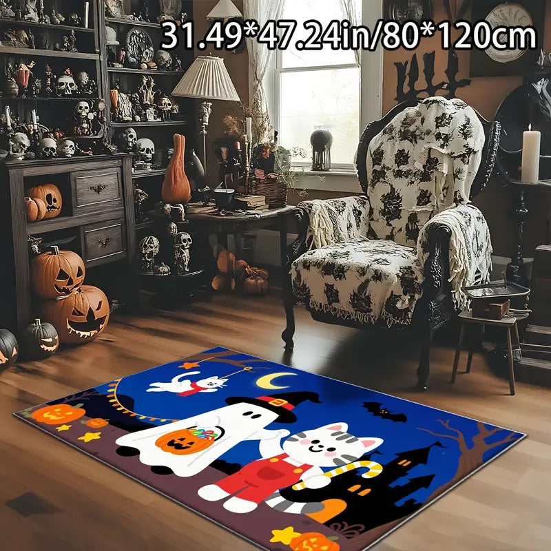 Tapis Halloween – Fantôme et Chat mignon, Décoration de Salon et Chambre pour Fête