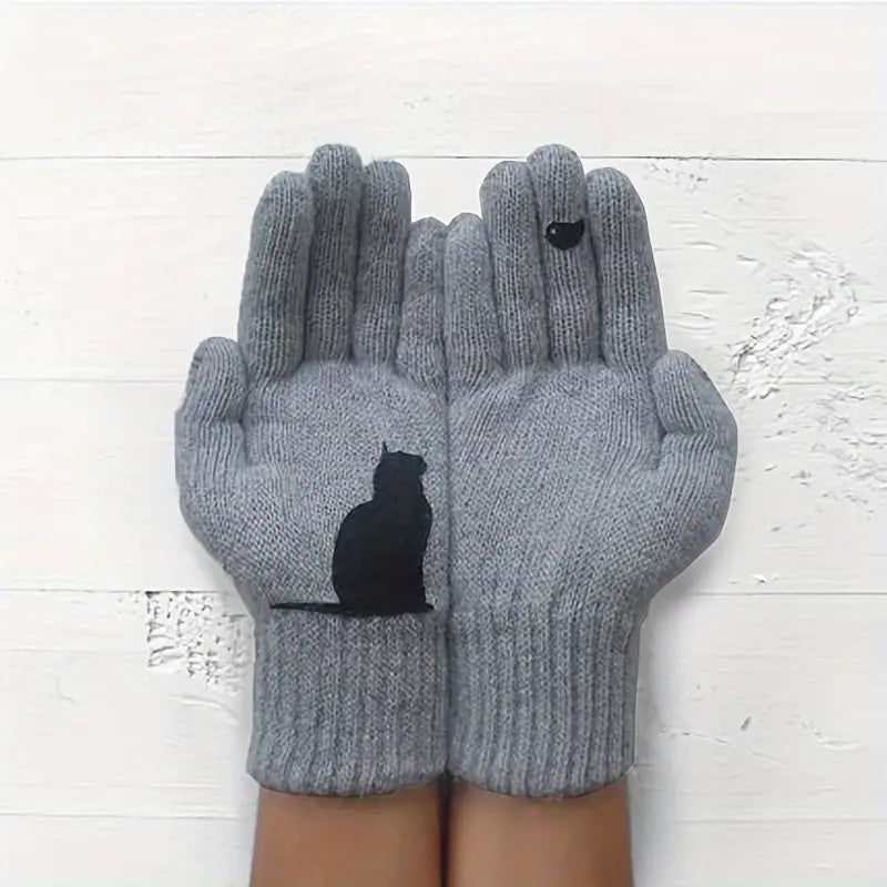 Gants femme en laine beige – Gants tricotés hiver avec motif chat noir, chauds et confortables