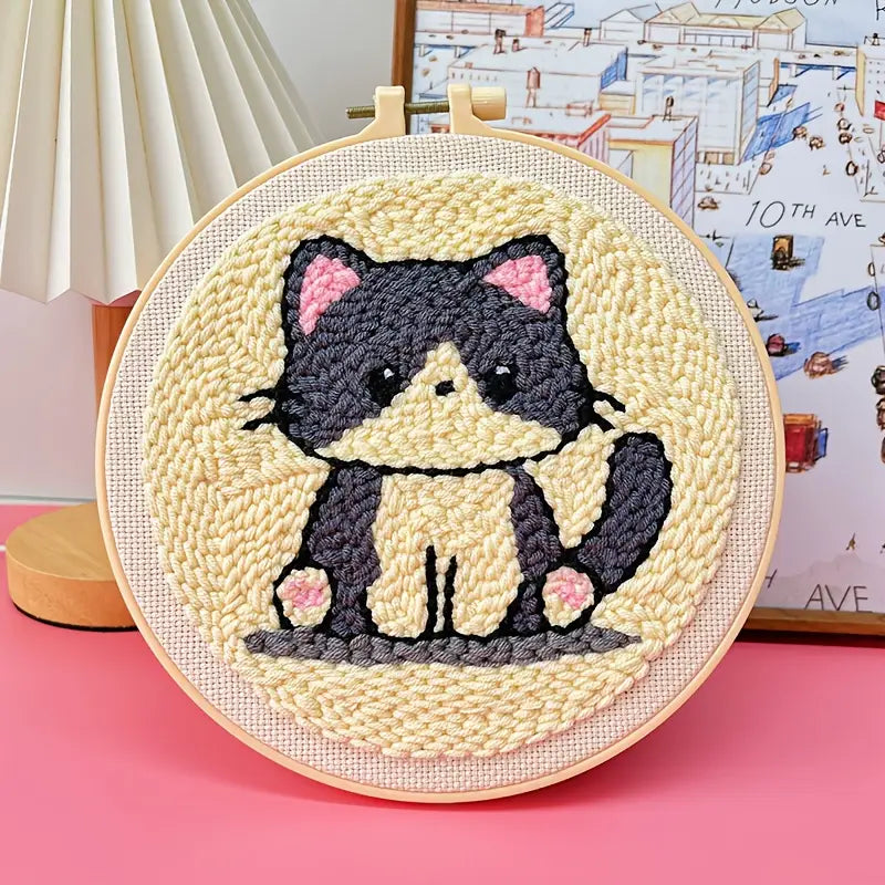 Broderie Punch Needle Chat Gris – Kit DIY en Laine pour Déco Murale Moderne