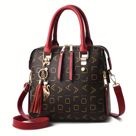 Sac Porté Épaule Femme Noir avec Motifs Dorés et Breloque Chat – Élégant et Tendance