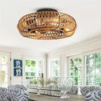 Ventilateur de Plafond LED avec Abat-Jour en Rotin Tressé