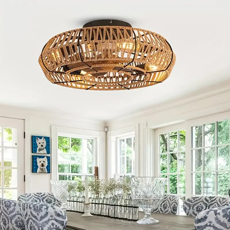 Ventilateur de Plafond LED avec Abat-Jour en Rotin Tressé – Éclairage Intégré et Télécommande pour Ambiance Naturelle