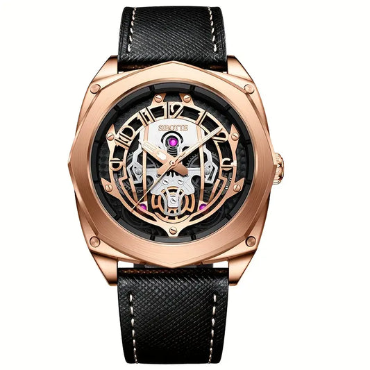 Montre homme automatique squelette – Design mécanique noir et or rose avec bracelet cuir