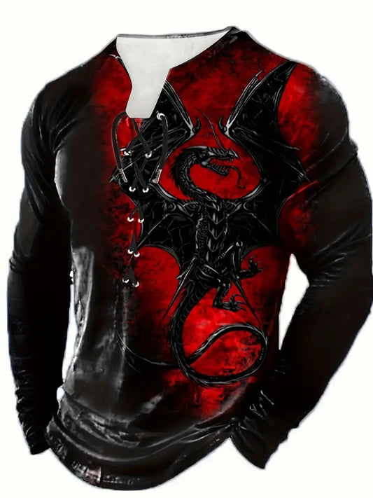 T-shirt fantaisie homme à lacets – Haut noir et rouge motif dragon gothique médiéval