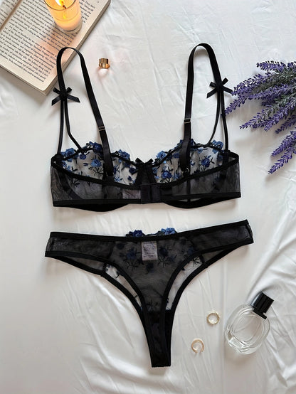 Ensemble Lingerie Sexy Femme en Dentelle Transparente – Soutien-Gorge à Armatures et Tanga Fleurs Brodées