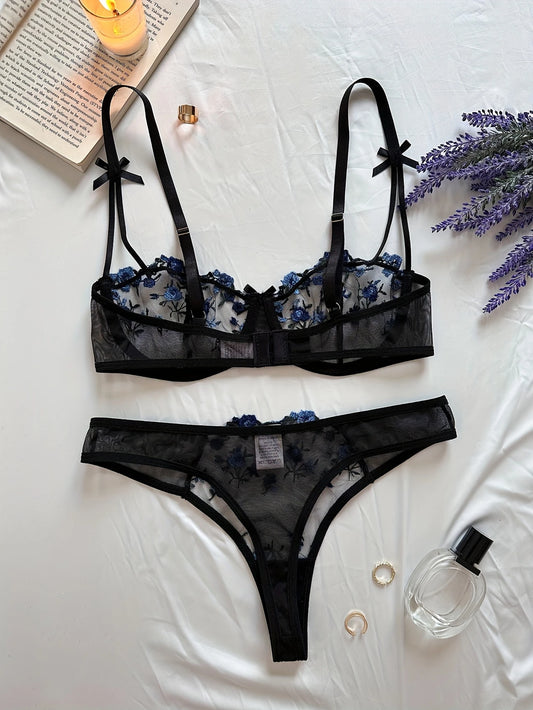 Ensemble Lingerie Sexy Femme en Dentelle Transparente – Soutien-Gorge à Armatures et Tanga Fleurs Brodées