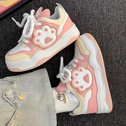 Chaussures de sport fille – Baskets blanches avec motif patte de chat kawaii confortables et tendance