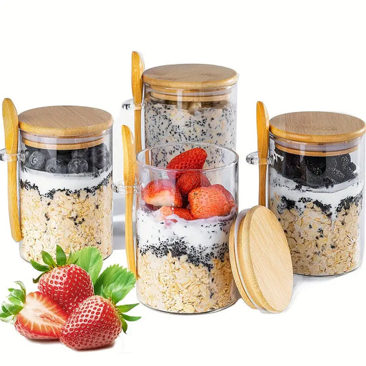 Pots en Verre avec Couvercle Bambou et Cuillère – Lot Idéal pour Petit-Déjeuner, Céréales ou Conservation Écologique