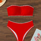 Bikini bandeau texturé – Maillot 2 pièces taille haute avec détails festonnés blancs