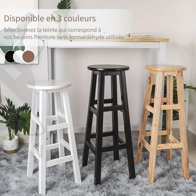 Tabouret Haut en Bois Massif – Chaise de Bar Ronde Disponible en 3 Hauteurs