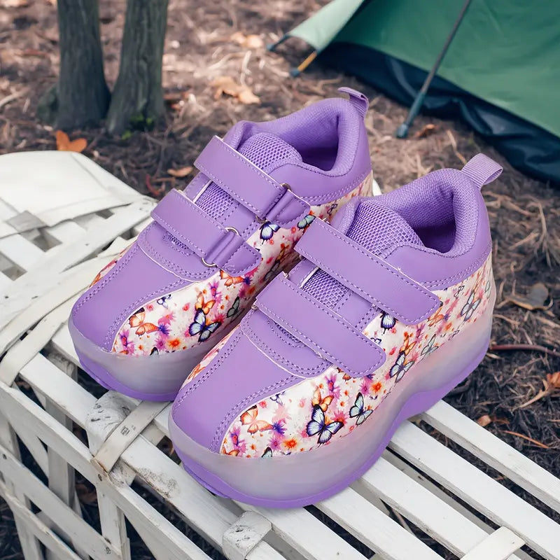 Chaussures de sport fille – Baskets violettes à scratch avec imprimé papillons colorés tendance