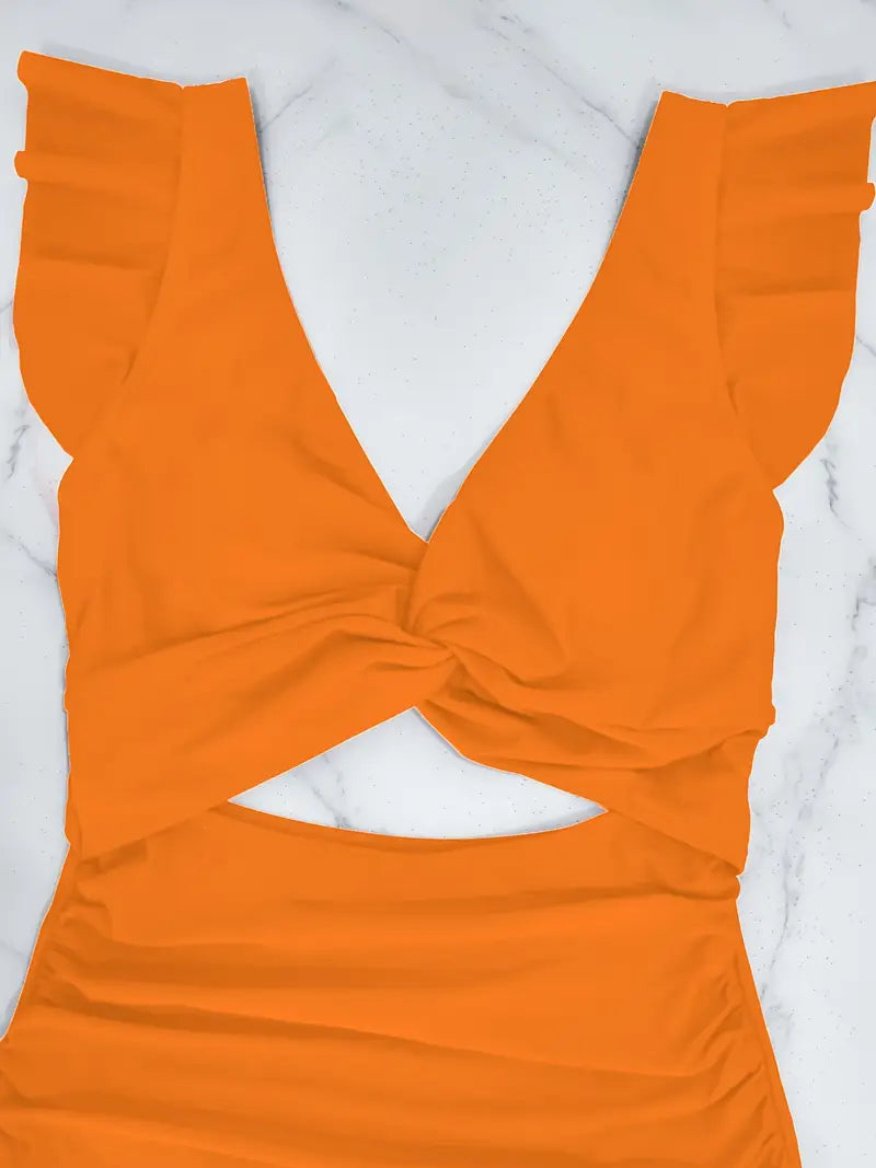 Maillot de bain une pièce tendance à manches volantées et découpe ventre