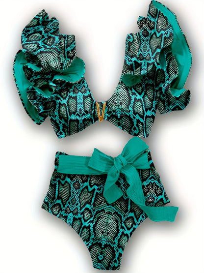 Ensemble Maillot de Bain Femme à Volants – Imprimé Python & Ceinture Nouée Taille Haute