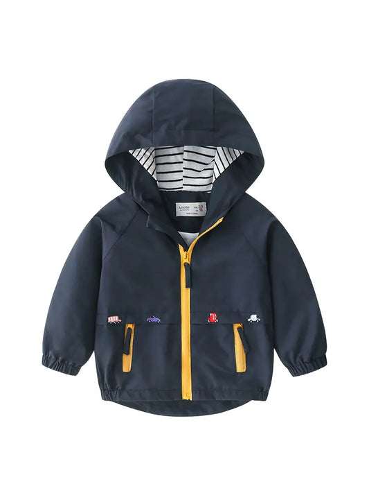 Veste Coupe-Vent Enfant à Capuche – Imperméable Légère avec Motifs Voitures