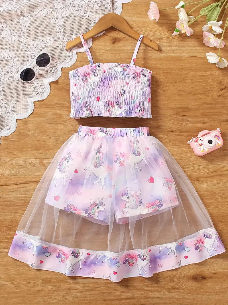 Hauts fille été à bretelles avec jupe tutu fleurie – Ensemble tropical léger et tendance