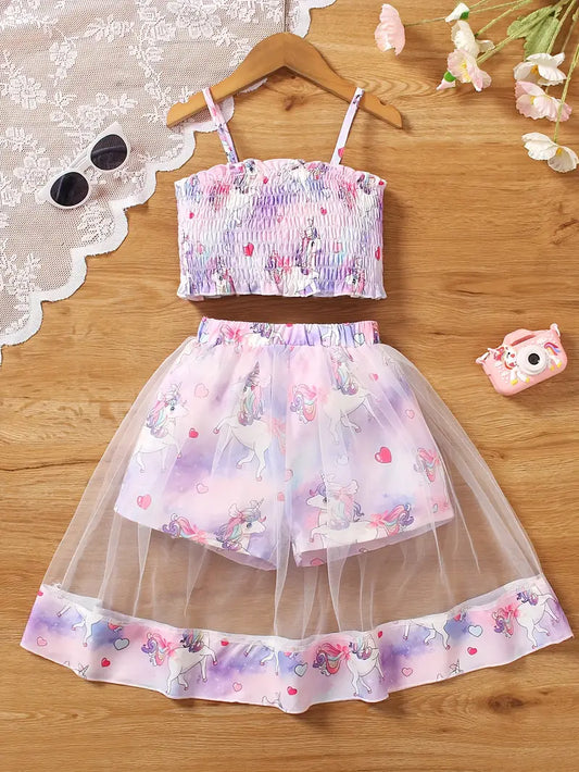 Hauts fille été à bretelles avec jupe tutu fleurie – Ensemble tropical léger et tendance