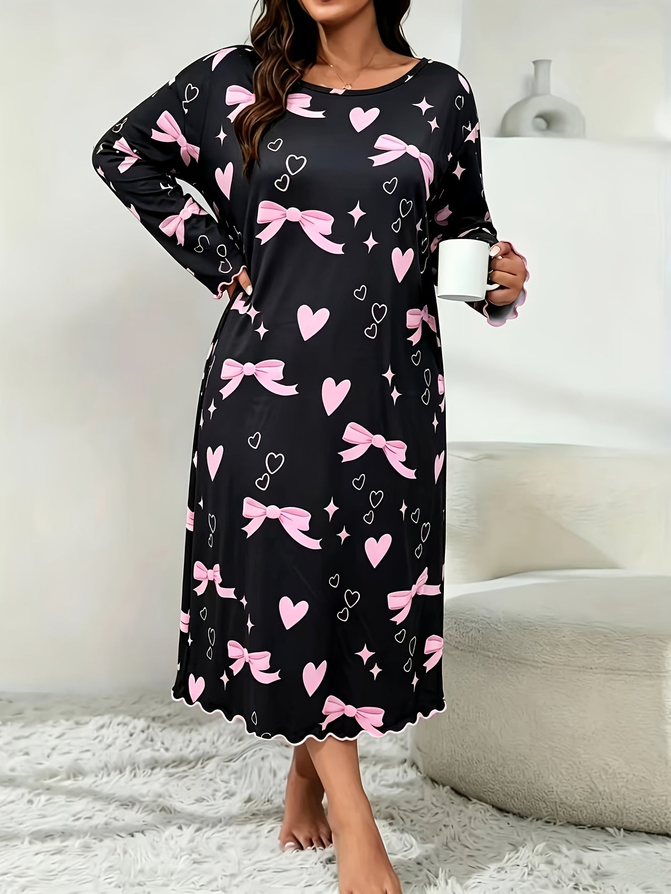 Chemise de Nuit à Manches Longues Automne/Hiver avec Imprimé Nœud Rose