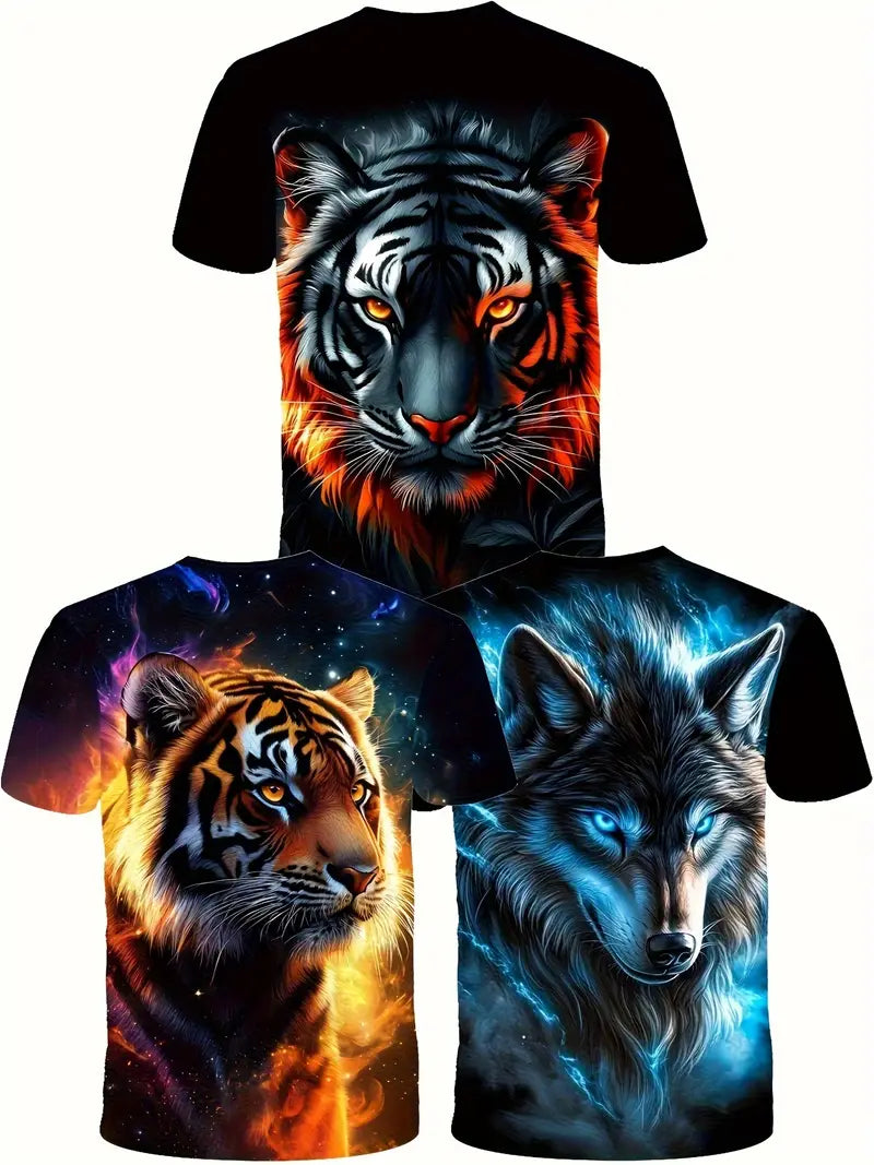 T-shirt Garçon Motif 3D Loup et Tigre – Haut Imprimé Animal Fantastique Mode Streetwear Enfant
