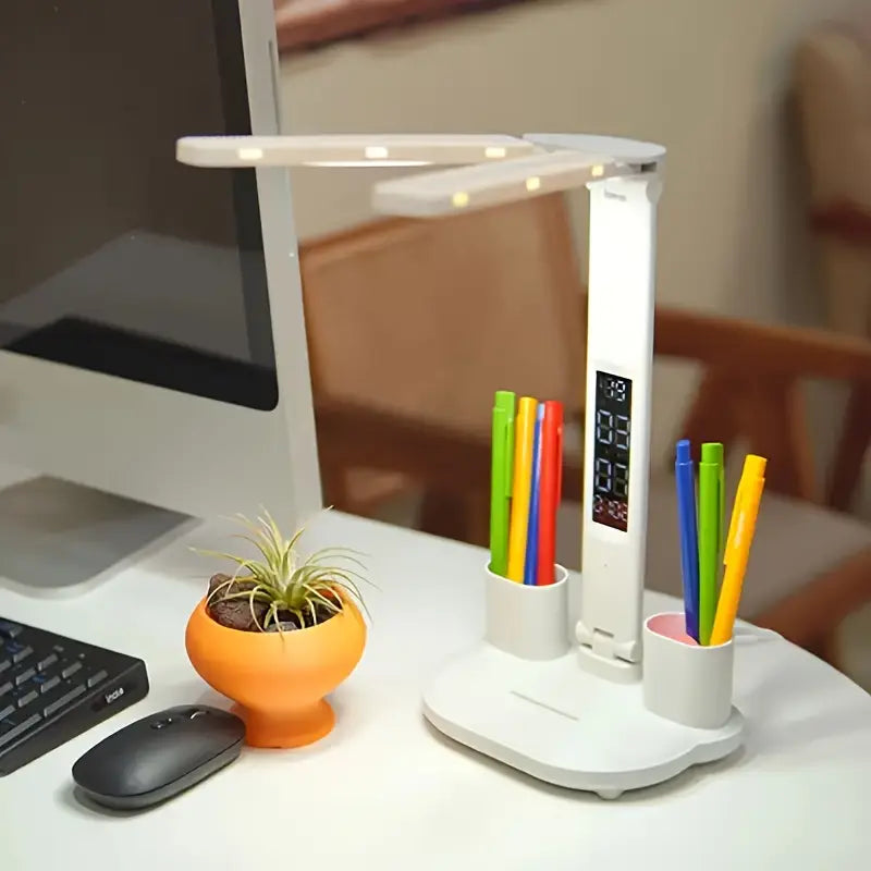 Lampe de bureau LED multifonction avec écran LCD, charge USB et rangement intégré – Lumière réglable et design moderne