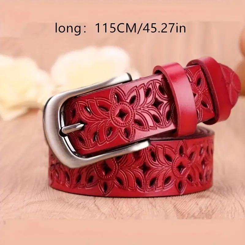 Ceinture femme en cuir rouge gravé fleurs – Élégante et ajustable 115 cm avec boucle métal