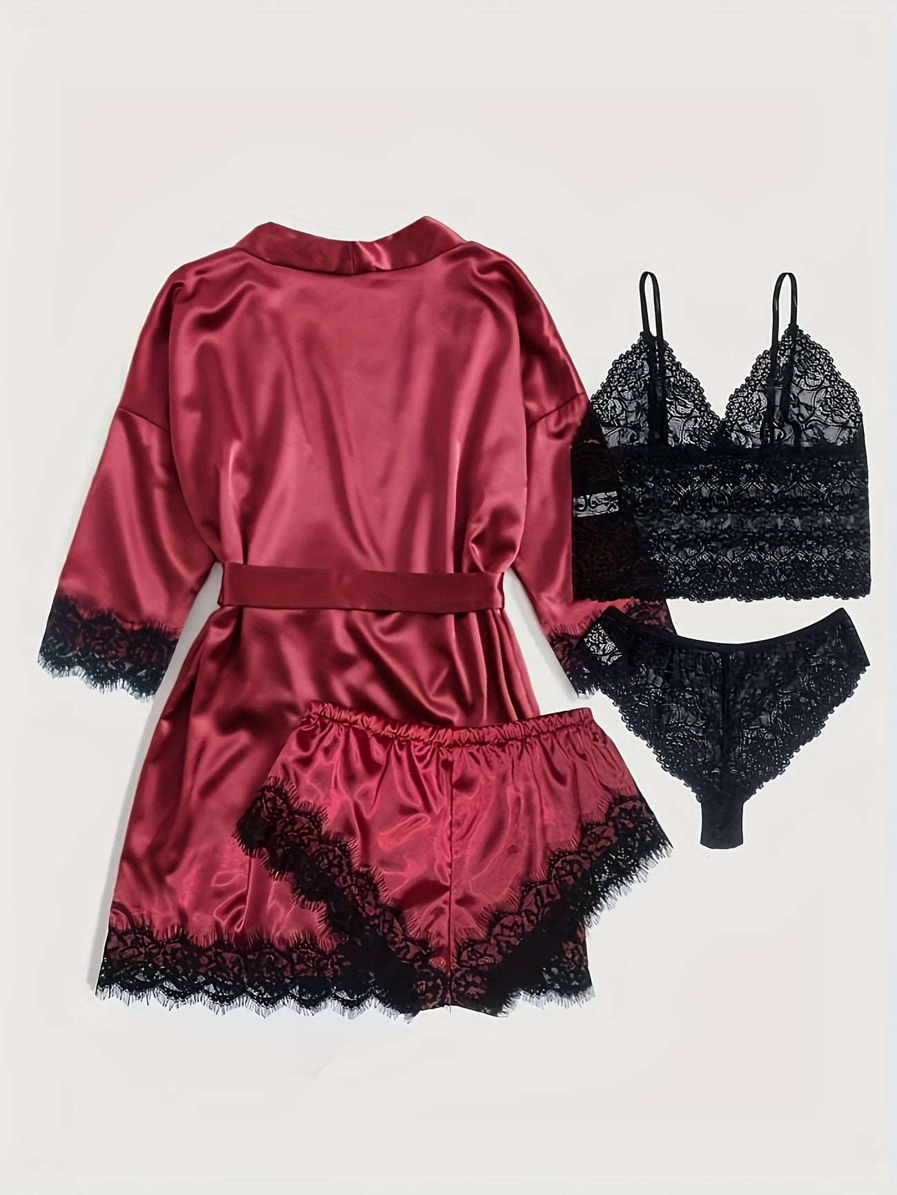 Ensemble lingerie 4 pièces satin et dentelle – Bralette, shorty, string et kimono léger pour femme
