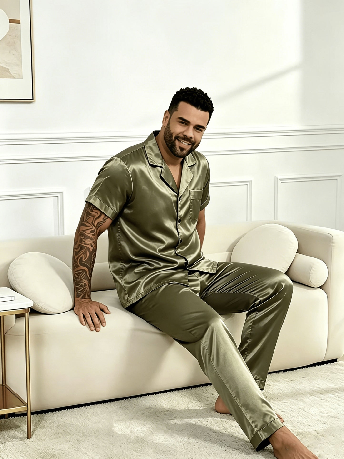 Ensemble pyjama 2 pièces grande taille pour homme en tissu fibre vert