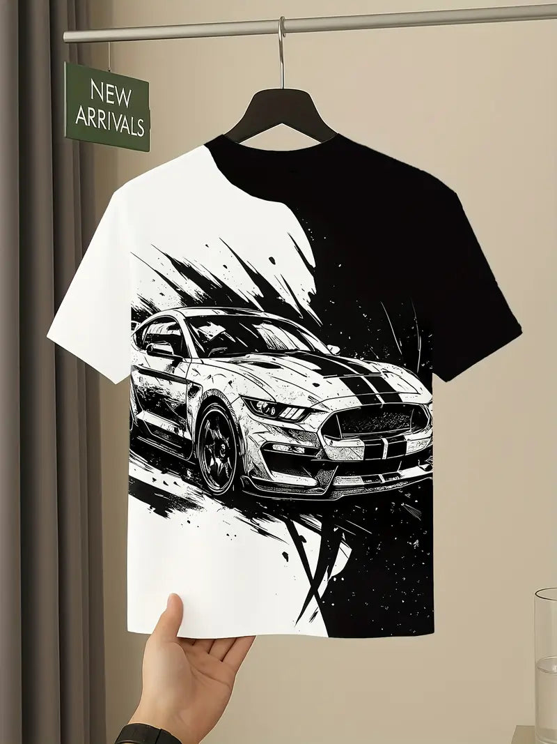 T-shirt Garçon Noir et Blanc avec Voiture de Sport – Mode Streetwear Enfant Confortable et Stylé