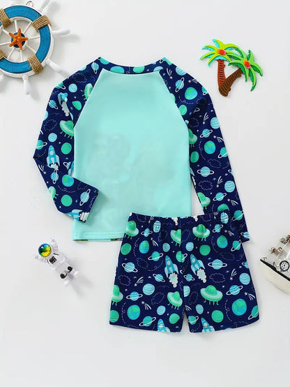 Maillot de bain garçon deux pièces anti-UV à manches longues motif