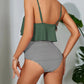 Bikini deux pièces femme – Haut à volants vert kaki/Rose & culotte taille haute rayée