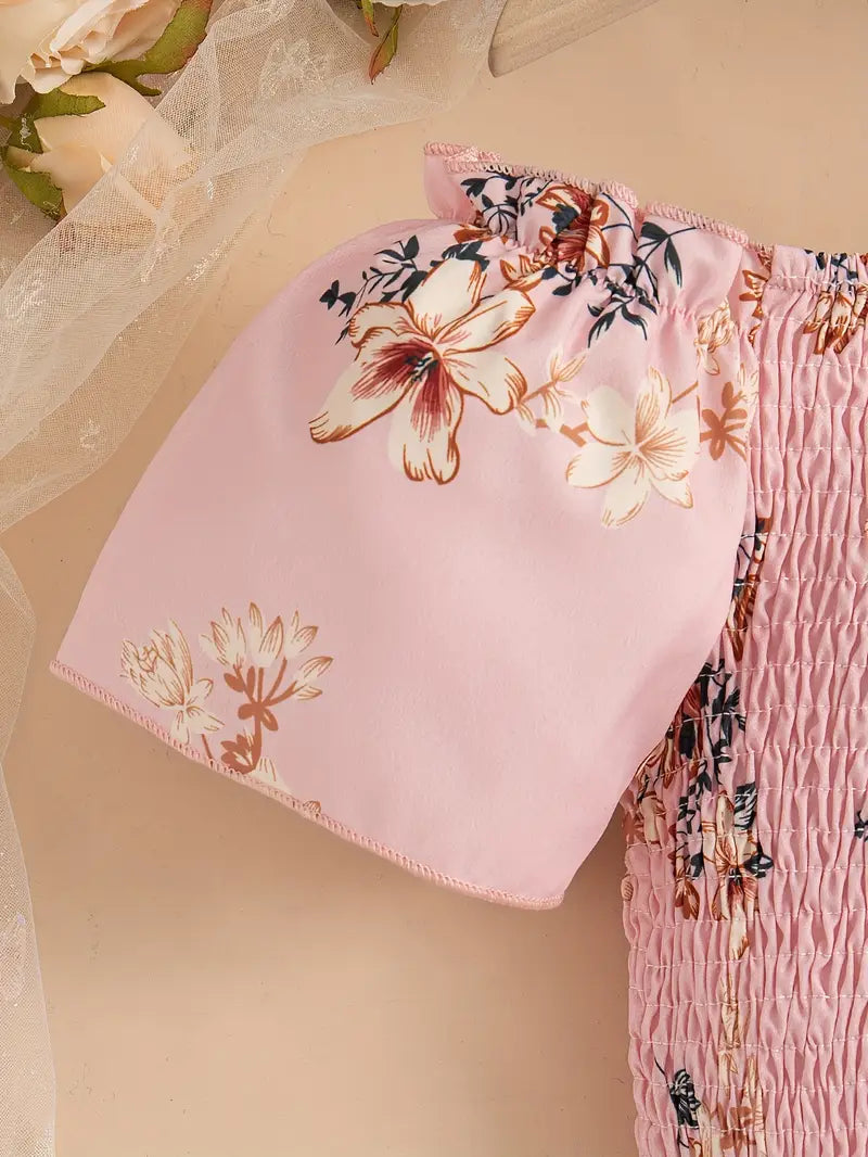 Hauts fille à fleurs – Top smocké rose avec jupe longue assortie élégante d’été