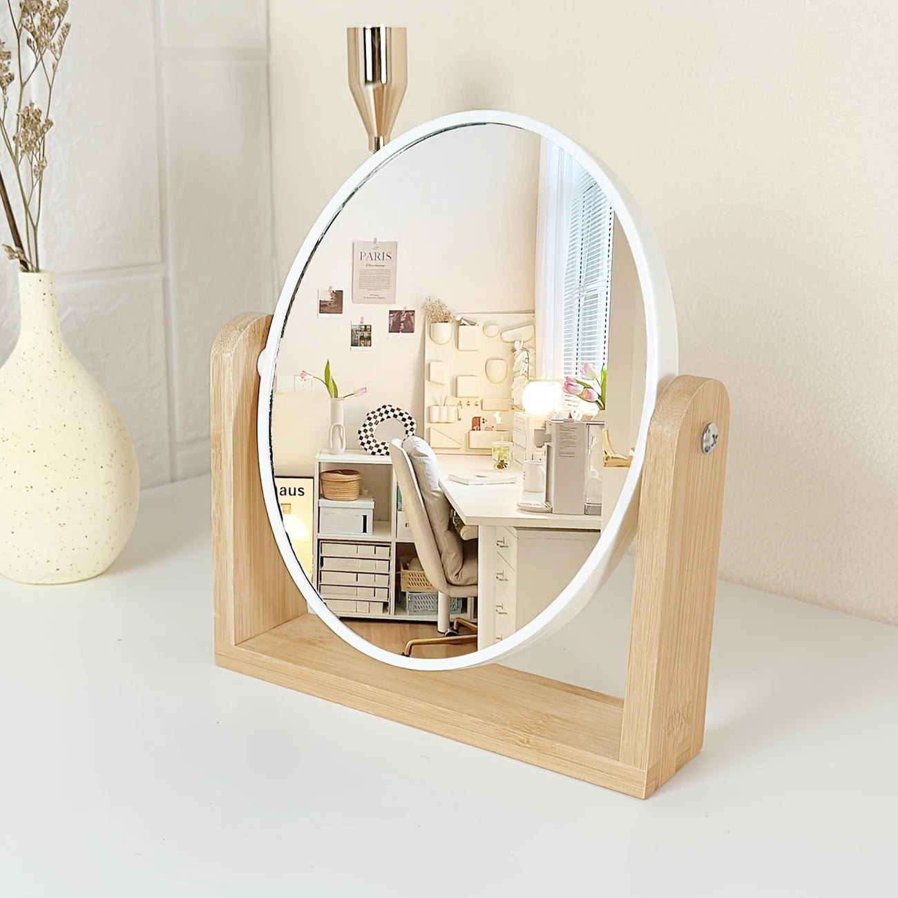 Miroir de Maquillage de Table Rotatif – Design Moderne avec Cadre Bois et Format Compact 21x18 cm