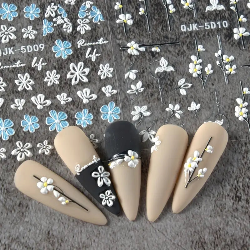 Stickers Nail Art Fleurs 3D – Décorations Ongles Autocollantes pour Manucure Florale Élégante