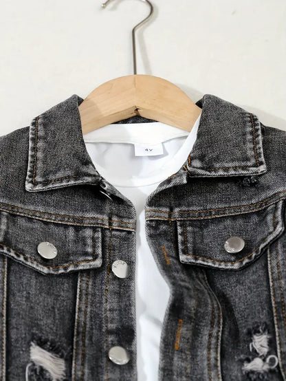 Ensemble Garçon Jean Noir – Veste en Denim + Pantalon Déchiré Style Décontracté