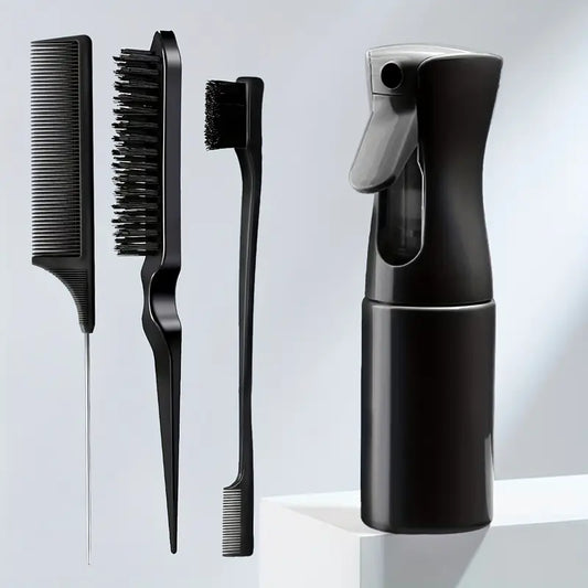 Kit Coiffure Complet 4 en 1 – Brosse, Peignes, Brosse à Baby Hair et Vaporisateur pour Styling Précis