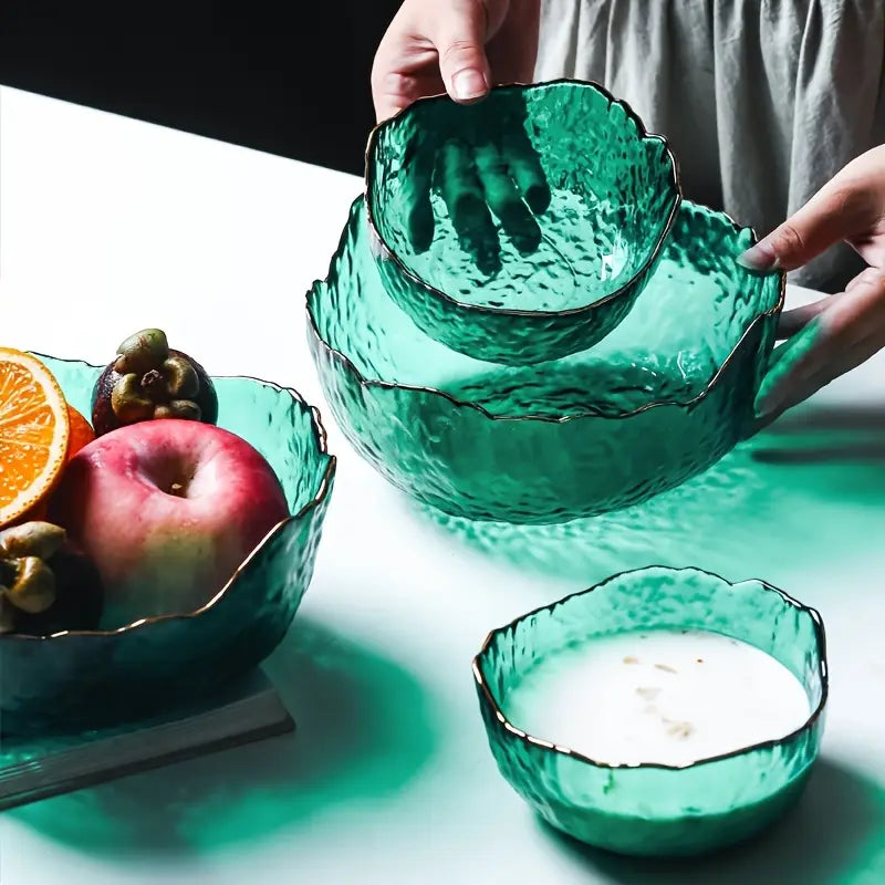 Set de Bols en Verre – Design Martelé avec Bord Doré pour Salades, Fruits et Desserts
