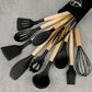Kit Ustensiles de Cuisine 12 Pièces en Silicone et Bois, coloris Noir