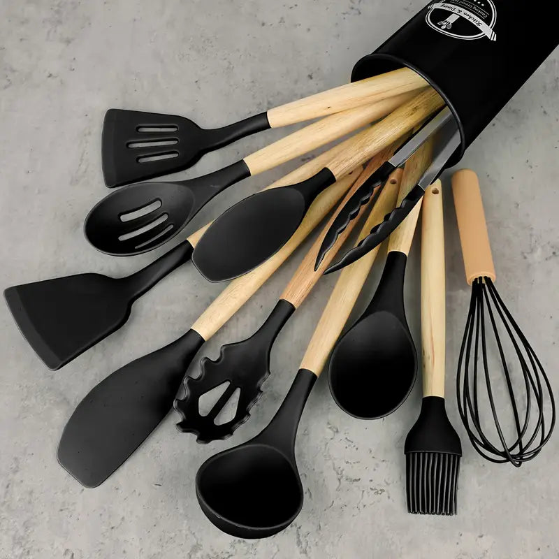 Kit Ustensiles de Cuisine 12 Pièces en Silicone et Bois – Résistants à la Chaleur, Antirayures et Faciles à Nettoyer