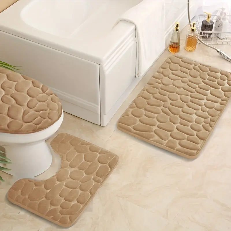 Ensemble de Tapis de Bain Antidérapants 3 Pièces – Effet Pierre, Ultra-Doux et Absorbant
