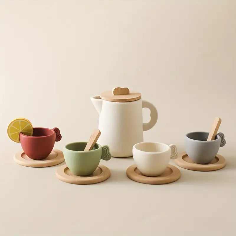 Service à Thé en Bois pour Enfants – Jouet d’Imitation Montessori avec Tasses et Théière Éducatives